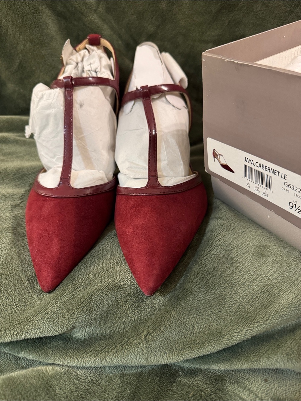 Franco sarto Cabernet Red T-Strap Pointed Toe Women’s Pumps - kitten heel